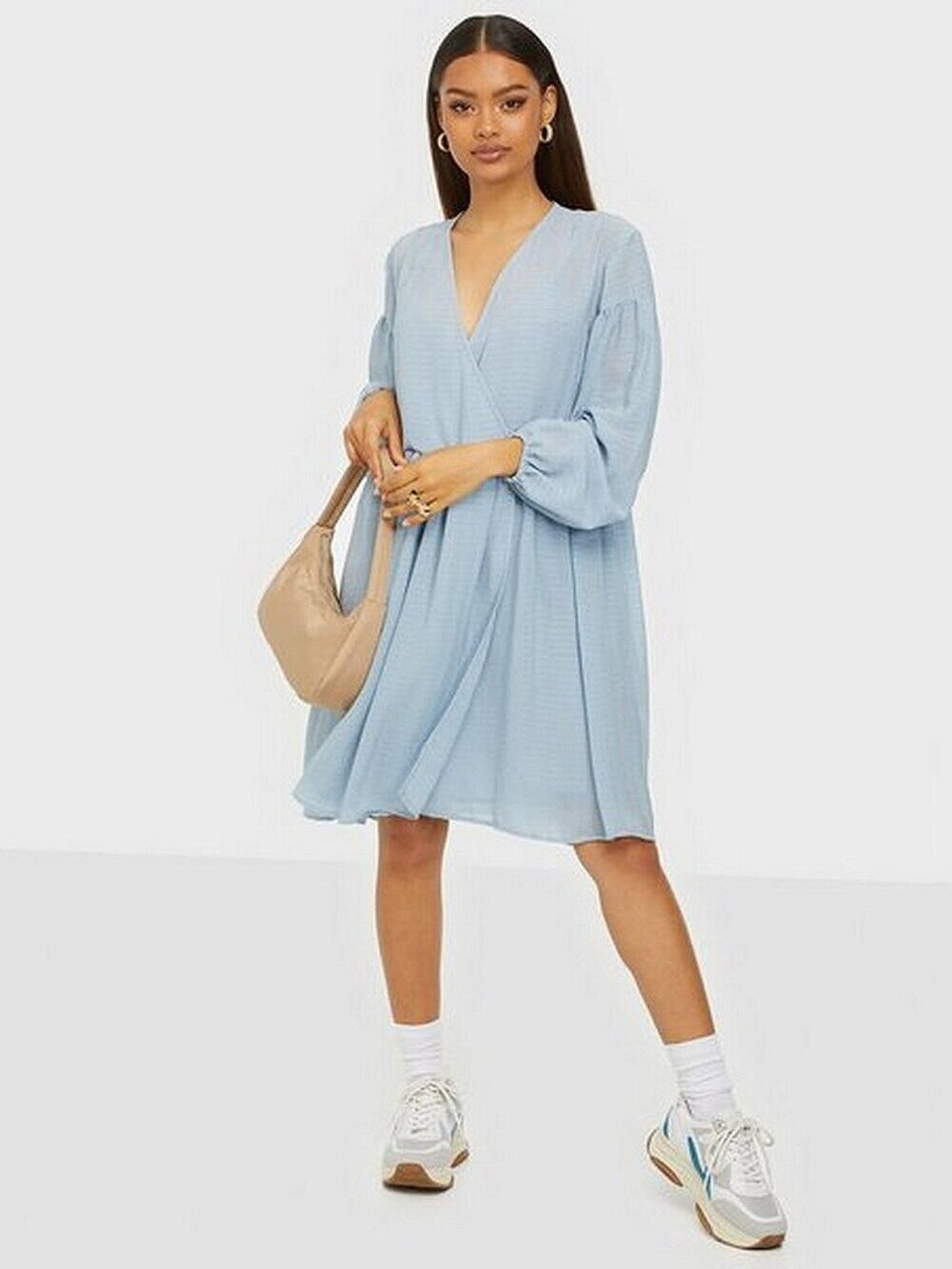 NWT Samsoe Samsoe Jolie Long Sleeve Babydoll Mini Dress Baby Blue Size M